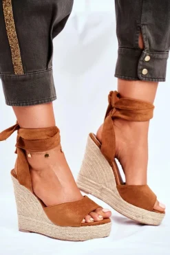 Sandały Damskie Na Koturnie Wiązane Camel Belleza