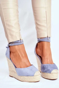 Sandały Damskie Na Koturnie Lniane Niebieskie Canterola