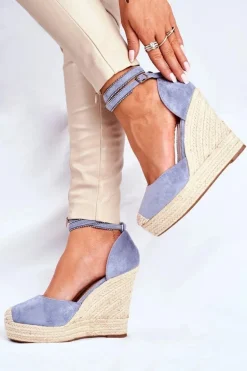 Sandały Damskie Na Koturnie Lniane Niebieskie Canterola