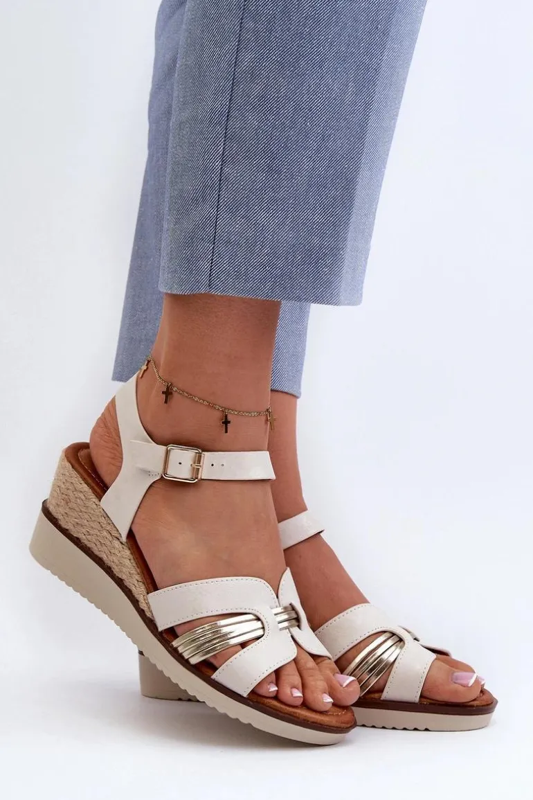 Sandały Damskie Na Koturnie Z Plecionką Złote Starlenna