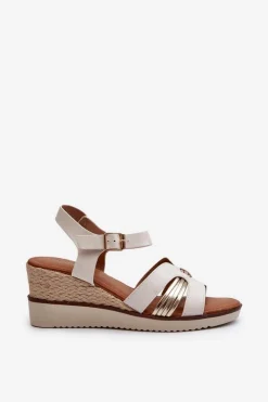 Sandały Damskie Na Koturnie Z Plecionką Złote Starlenna