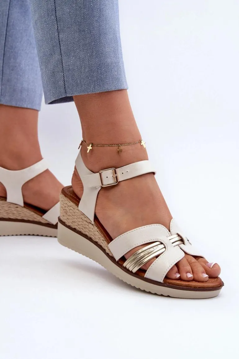 Sandały Damskie Na Koturnie Z Plecionką Złote Starlenna