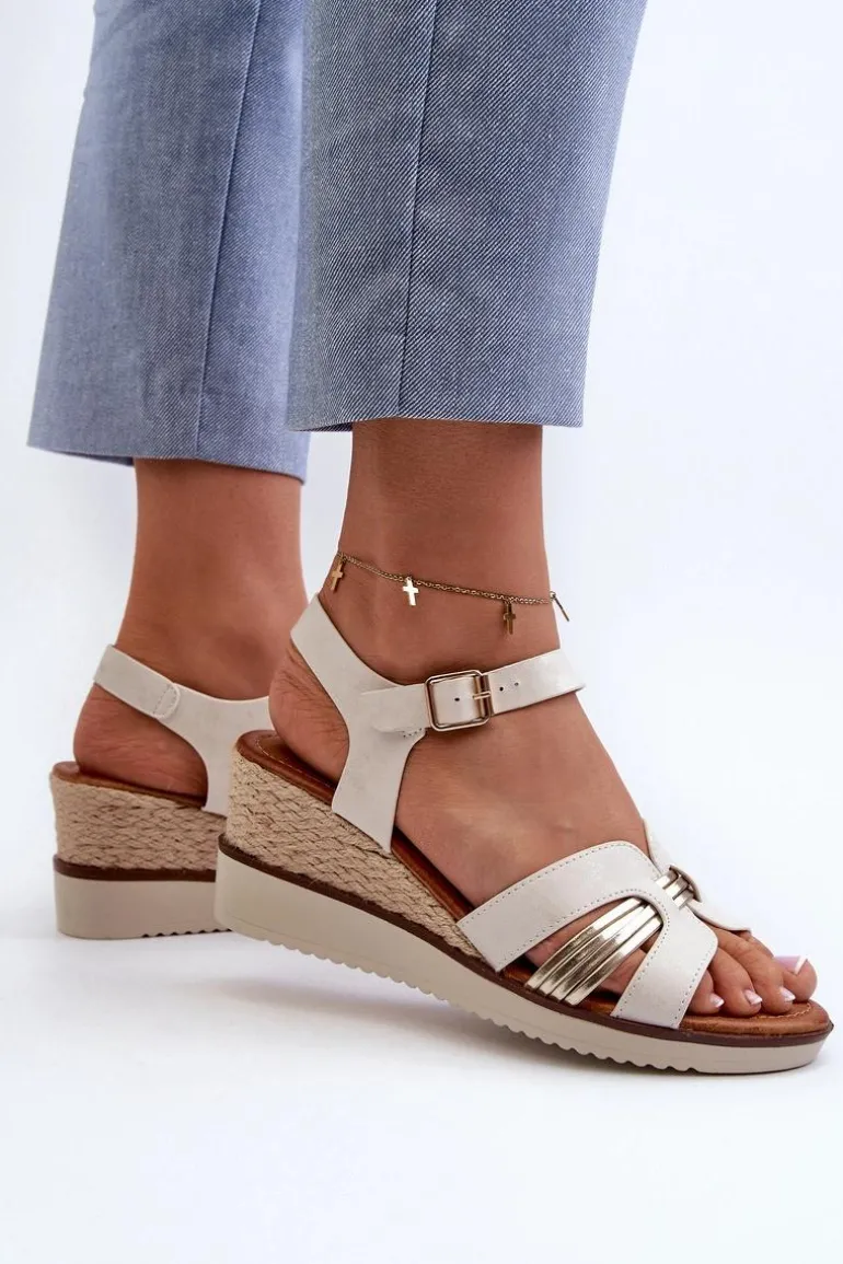 Sandały Damskie Na Koturnie Z Plecionką Złote Starlenna