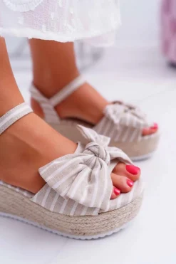 Sandały Damskie Na Koturnie Platformie Z Kokardą Beżowe Bounce