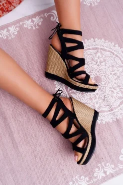 Sandały Damskie Na Koturnie Sznurek Czarne Liluena