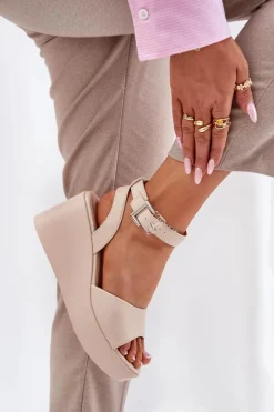 Sandały Damskie Na Koturnie Beżowe Efrina