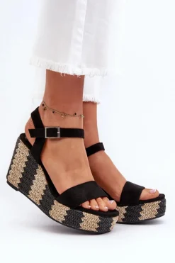 Sandały Damskie Na Koturnie Z Plecionką Czarne Reviala