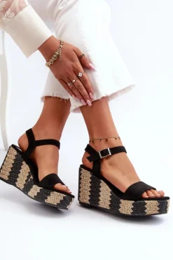Sandały Damskie Na Koturnie Z Plecionką Czarne Reviala