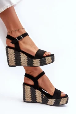 Sandały Damskie Na Koturnie Z Plecionką Czarne Reviala