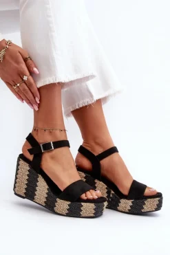 Sandały Damskie Na Koturnie Z Plecionką Czarne Reviala