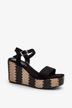 Sandały Damskie Na Koturnie Z Plecionką Czarne Reviala