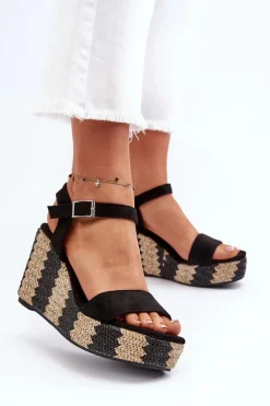 Sandały Damskie Na Koturnie Z Plecionką Czarne Reviala
