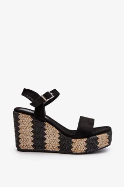 Sandały Damskie Na Koturnie Z Plecionką Czarne Reviala