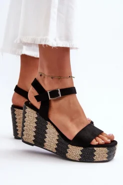 Sandały Damskie Na Koturnie Z Plecionką Czarne Reviala
