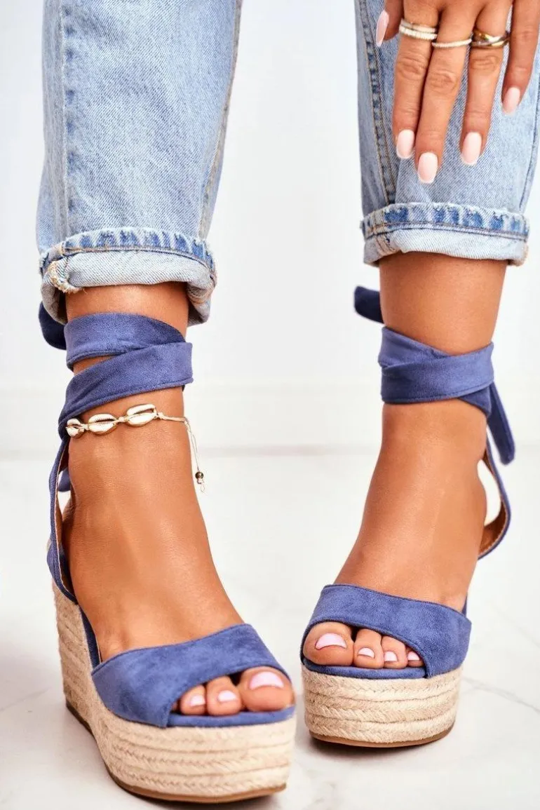 Sandały Damskie Na Koturnie Espadryle Niebieskie Ollie