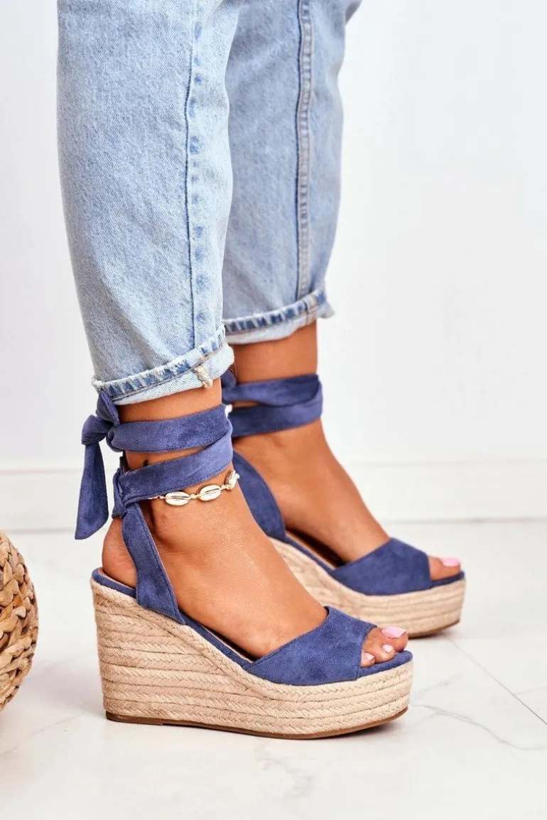 Sandały Damskie Na Koturnie Espadryle Niebieskie Ollie