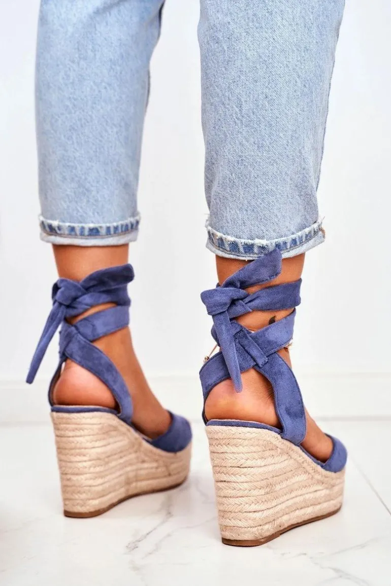 Sandały Damskie Na Koturnie Espadryle Niebieskie Ollie