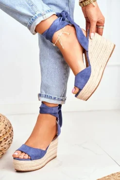 Sandały Damskie Na Koturnie Espadryle Niebieskie Ollie