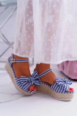 Sandały Damskie Na Koturnie Platformie Z Kokardą Niebieskie Bounce