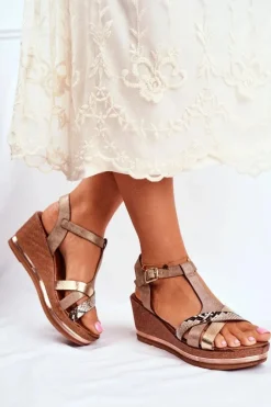 Sandały Damskie Na Koturnie Beżowe Skóra Węża Enroll