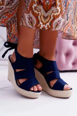 Sandały Damskie Na Koturnie Granatowe Yenga
