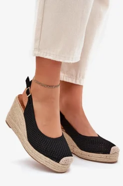 Sandały Damskie Na Koturnie Z Plecionką Czarne Tulliata