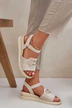 Sandały Damskie Na Koturnie Z Ozdobą Beżowe Salianes