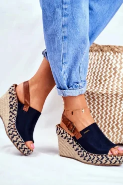 Sandały Damskie Na Koturnie Big Star Granatowe FF274980