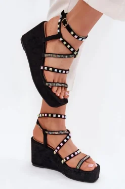 Sandały Damskie Na Koturnie Ze Zdobieniem Na Paskach Czarne Lunara