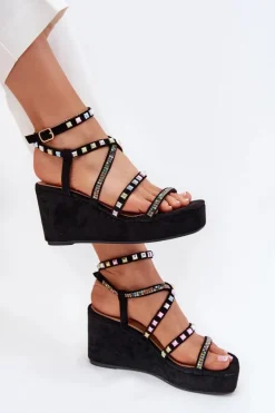 Sandały Damskie Na Koturnie Ze Zdobieniem Na Paskach Czarne Lunara