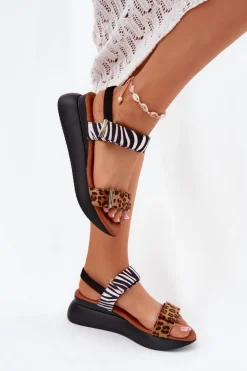 Sandały Damskie Na Koturnie Panterka I Zebra Brązowe Monera