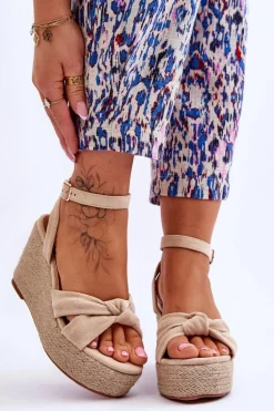 Sandały Damskie Na Koturnie Beżowe Kendall