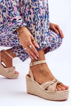 Sandały Damskie Na Koturnie Beżowe Kendall