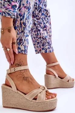 Sandały Damskie Na Koturnie Beżowe Kendall