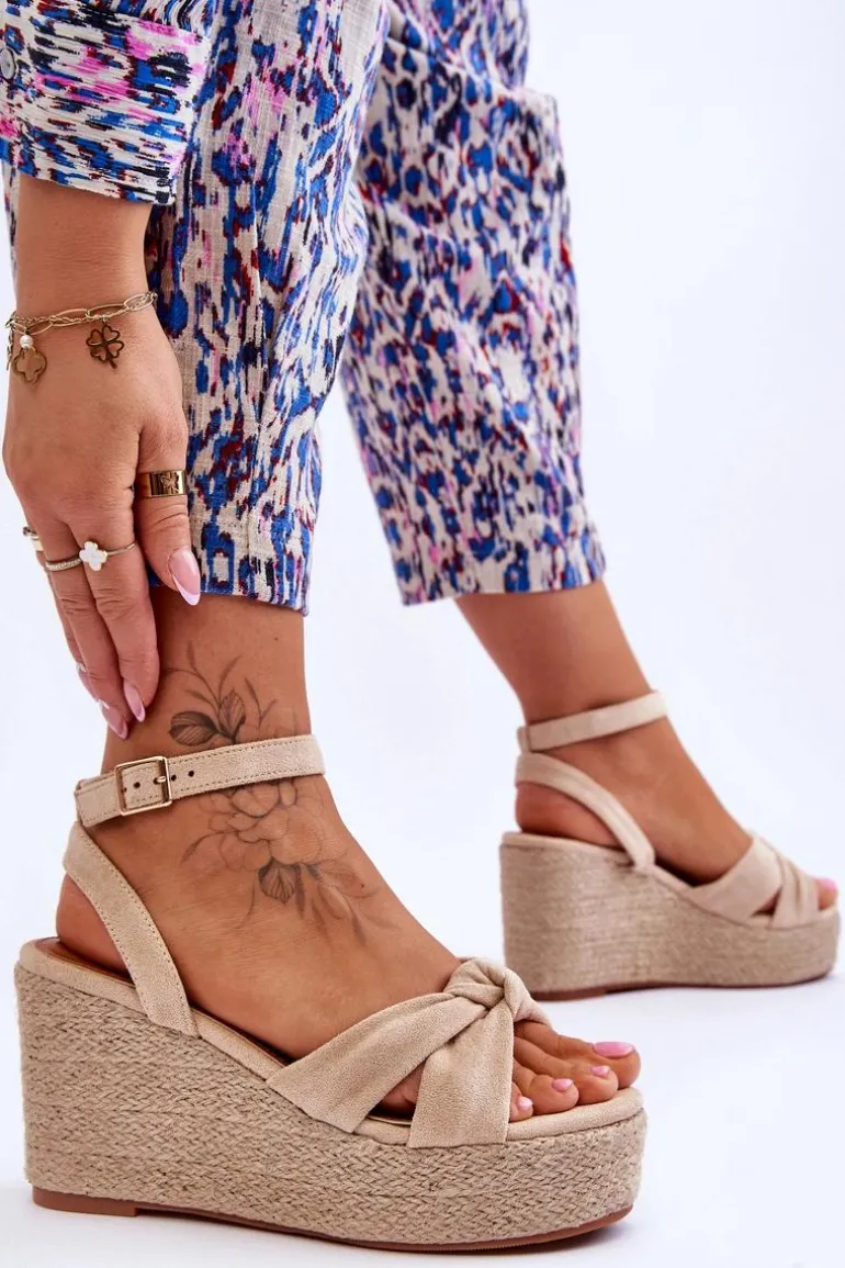 Sandały Damskie Na Koturnie Beżowe Kendall