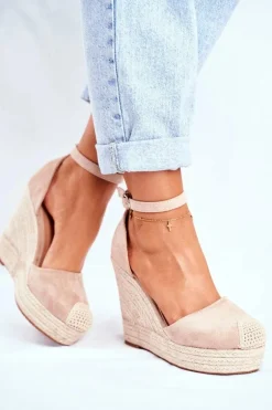 Sandały Damskie Na Koturnie Lniane Beżowe Avocado