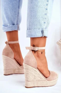 Sandały Damskie Na Koturnie Lniane Beżowe Avocado