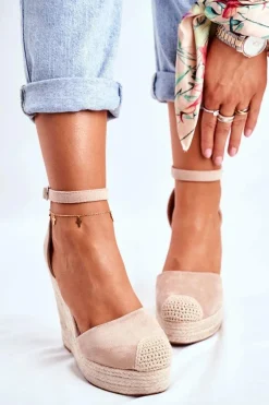 Sandały Damskie Na Koturnie Lniane Beżowe Avocado