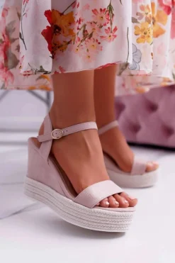 Sandały Damskie Na Koturnie Lniane Beżowe Liviana