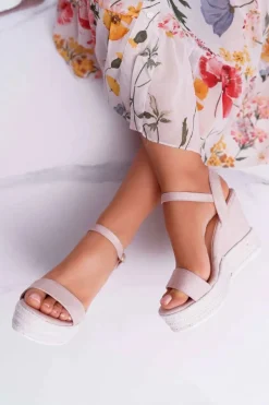 Sandały Damskie Na Koturnie Lniane Beżowe Liviana