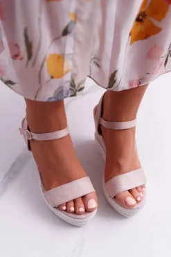 Sandały Damskie Na Koturnie Lniane Beżowe Liviana