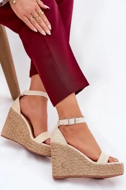 Sandały Damskie Na Koturnie Z Plecionką Beżowe Adelio