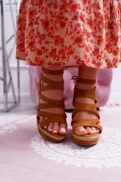 Sandały Damskie Na Koturnie Sznurek Camel Liluena