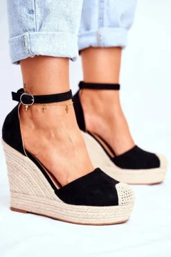 Sandały Damskie Na Koturnie Lniane Czarne Avocado