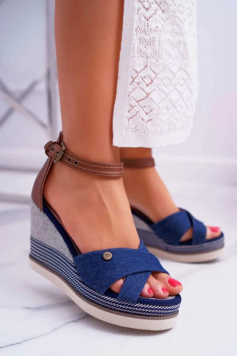 Sandały Damskie Na Koturnie Jeans Granatowe DoThis!