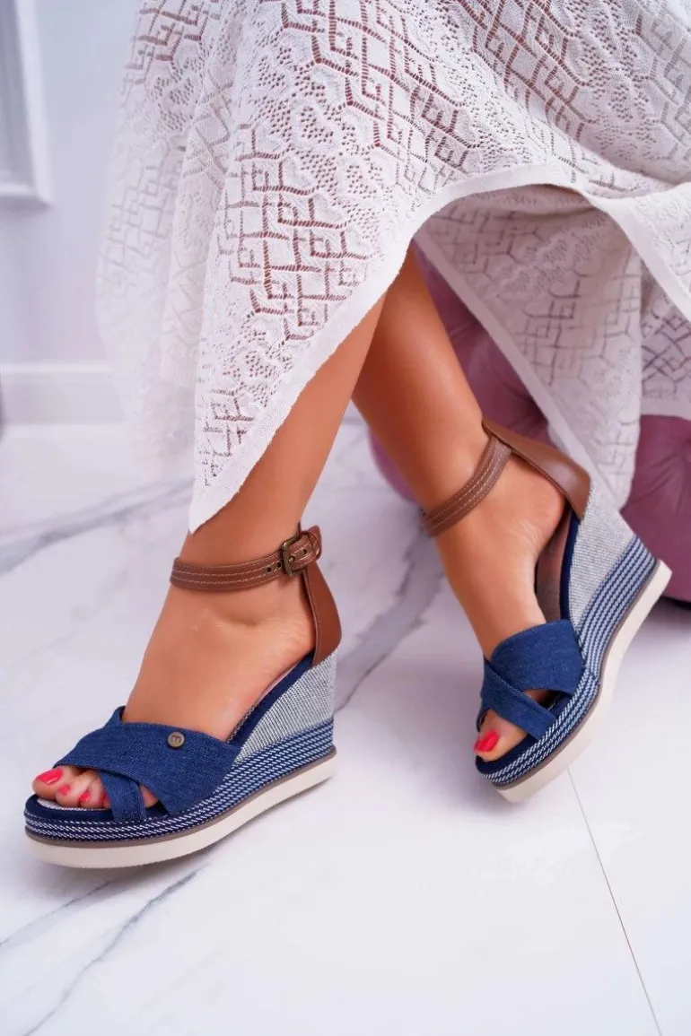 Sandały Damskie Na Koturnie Jeans Granatowe DoThis!