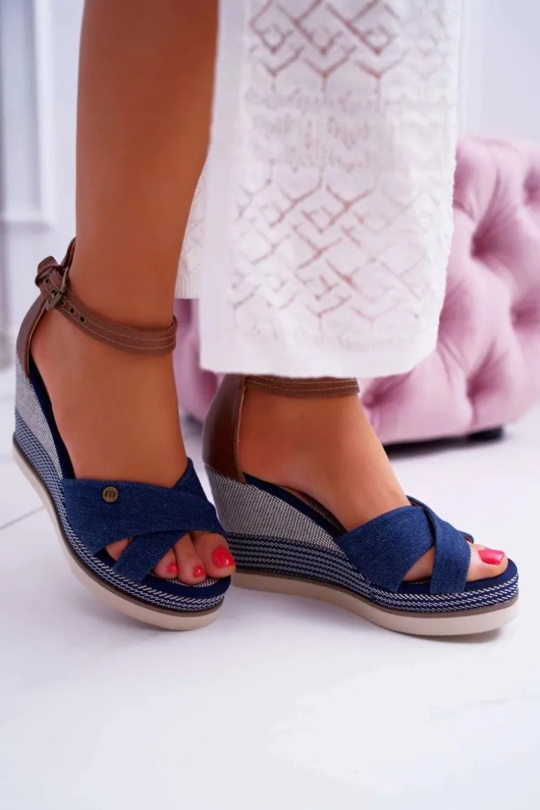 Sandały Damskie Na Koturnie Jeans Granatowe DoThis!