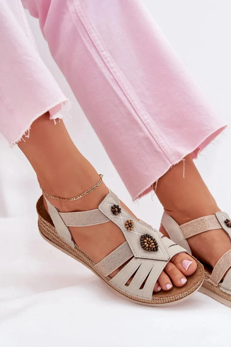 Sandały Damskie Na Koturnie Z Ozdobami Inblu RV000015 Jasnobeżowe