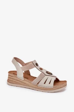 Sandały Damskie Na Koturnie Z Ozdobami Inblu RV000015 Jasnobeżowe