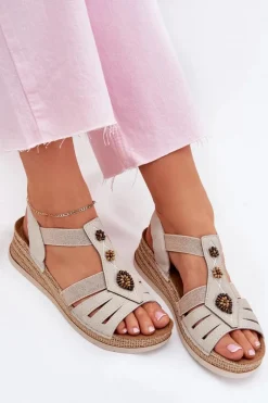 Sandały Damskie Na Koturnie Z Ozdobami Inblu RV000015 Jasnobeżowe